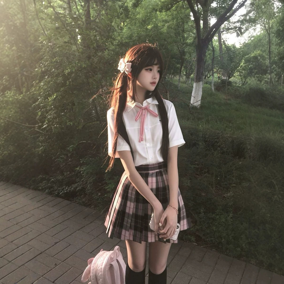 JK制服收腰衬衫短袖学院风百搭格裙百褶裙套装女日系原创小岛衬衣