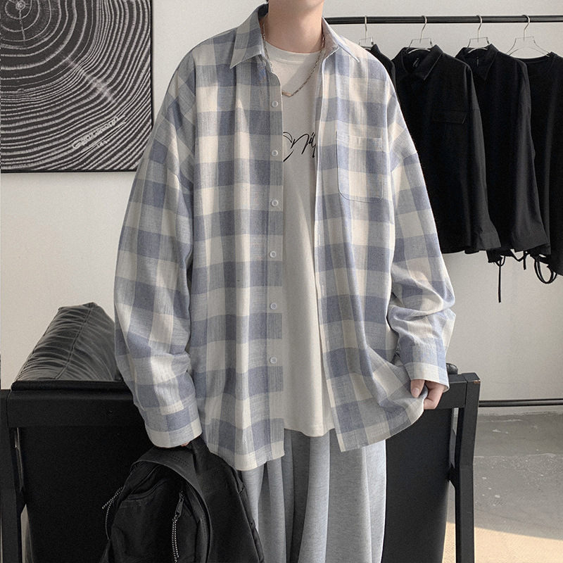 Camisa a cuadros estilo coreano Primavera de los hombres ins juventud camisa de manga larga 2021 suelta moda guapo abrigo del todo fósforo