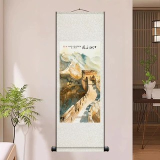 山水水彩万里长城丝绸卷轴挂画新中式办公室玄关装饰画国画