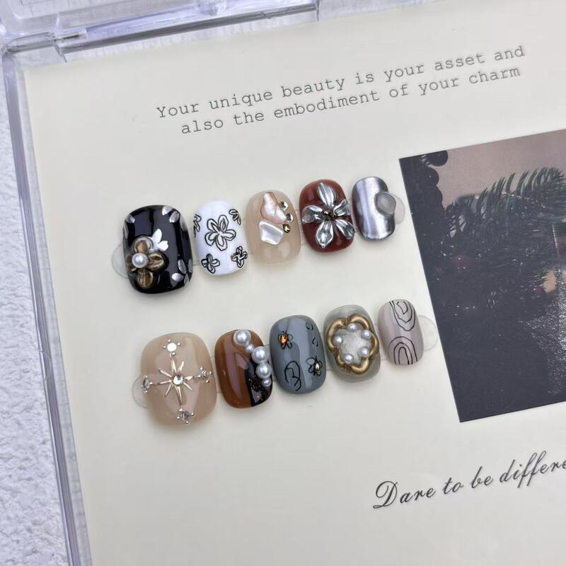 【In Time and Space】Purely Handmade Wearable Nail Metal Carving Contrast Color Personalized Design High-End Feel Brightening Ins Style