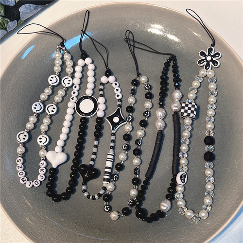 Korean style ins style new black smiley face mobile phone lanyard mobile phone case beaded love smile square mobile phone chain