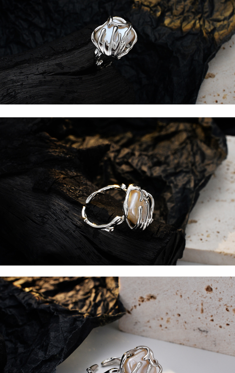 Retro Geometric Sterling Silver Inlay Baroque pearl Rings 1 Piece