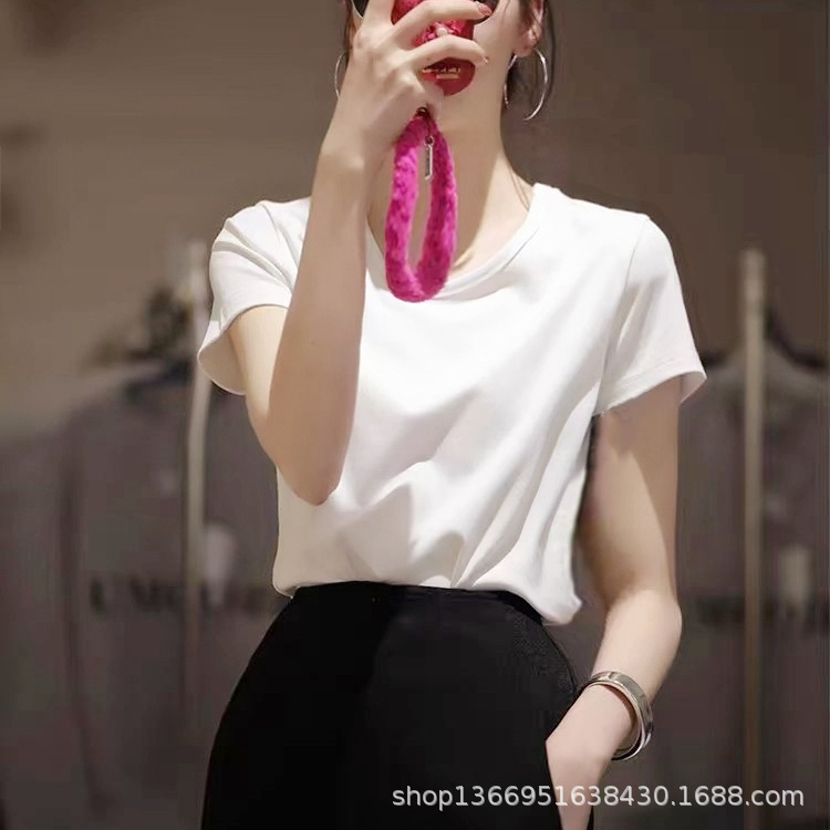 Summer Heavyweight Imported Peruvian Cotton Round Neck Short-Sleeved T-Shirt for Women White Cotton Slim Fit Korean Style Bottoming Right Shoulder Small U-Neck