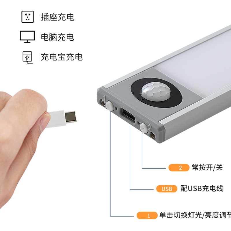 Ultra-thin smart charging motion sensing magnetic adhesive long bar LED strip light for wardrobe cabinet liquor cabinet light strip