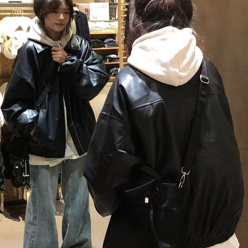 Retro Ins Motorcycle Style American Pu Leather Jacket Women's 2025 Spring New Loose Casual Student Jacket Trend Retro Ins Motorcycle Style American Pu Leather Jacket Women's 2025 Spring New Loose Casual Student Jacket Trend