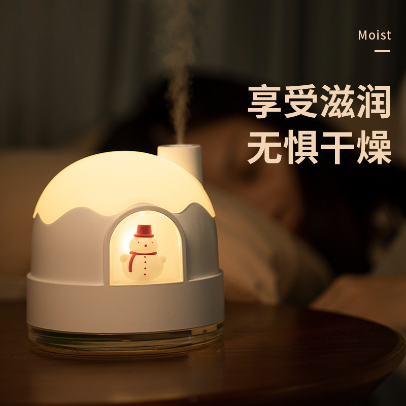 (2개) 귀여운 음소거 크리스마스 스노우 하우스 나이트 라이트 가습기 작은 데스크탑 에어 미니 가습기 USB 홈