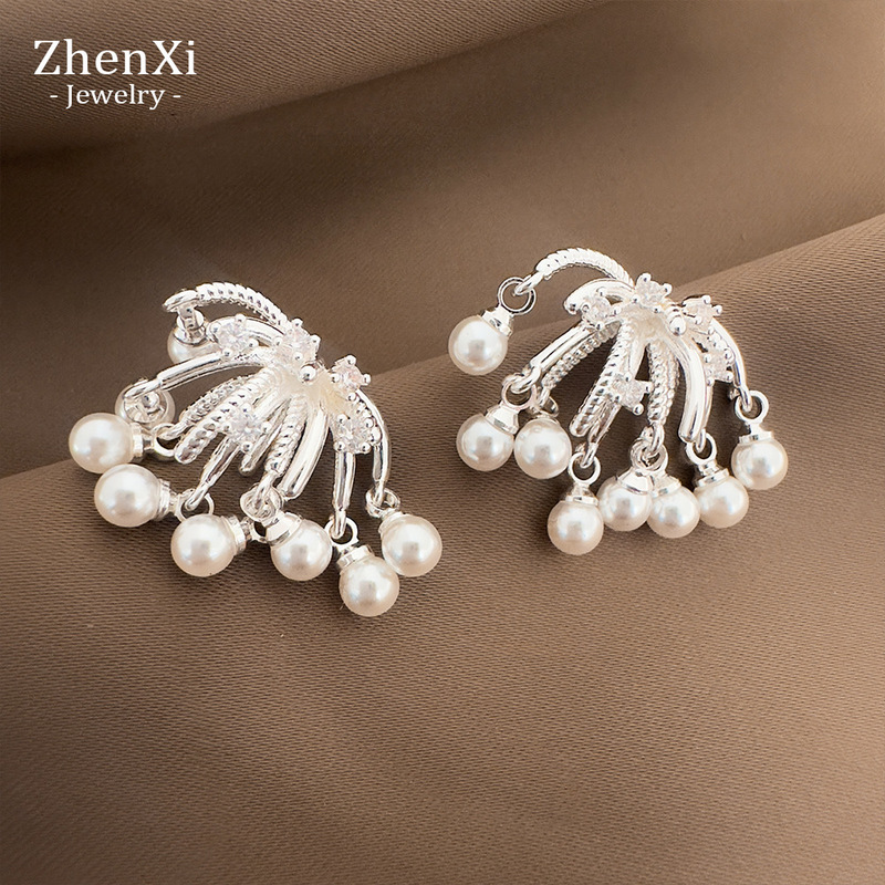Blooming Fireworks Pearl Zircon Tassel Earrings Unique Personality Exquisite Fashion Stud Earrings Trend Commuting Easiest for Match Earrings