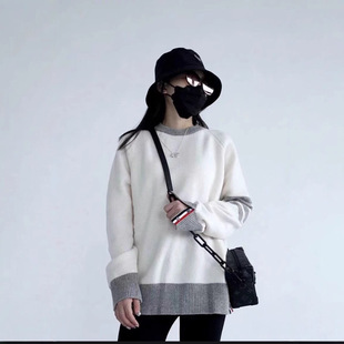 Tb Autumn and Winter New Korean Style Lazy Style Round Neck Contrasting Four-Bar Knitwear Soft Waxy Wool Inner Casual Knitwear for Women