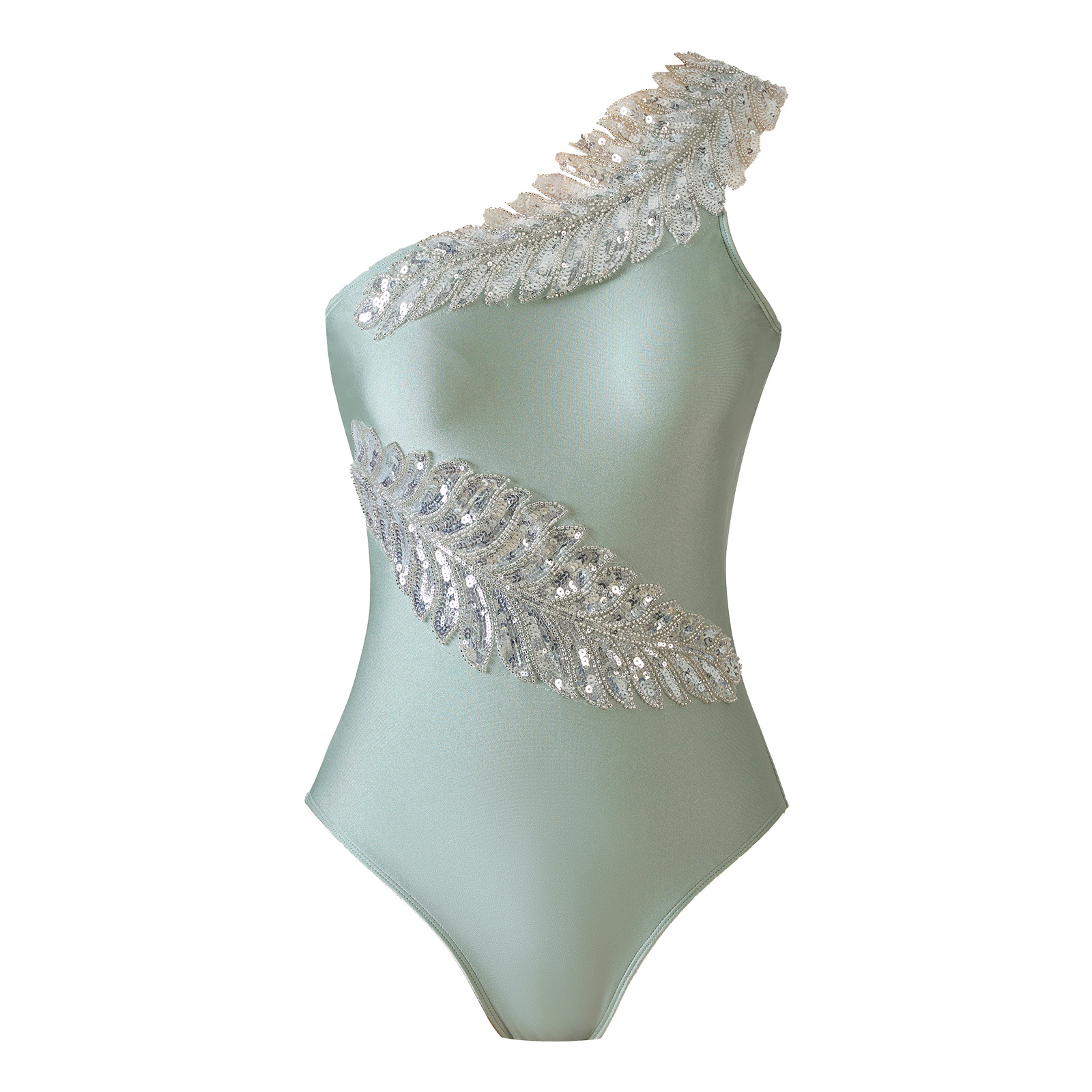 Sexy Damen-Badeanzug mit Blattmotiv, einfarbig, aus Polyester und Nylon, normale Passform, Sommerurlaub_voghion.com