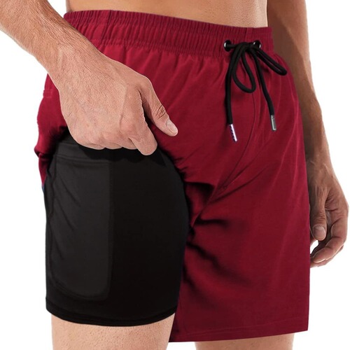 Hot-selling men's swimming trunks with compression lining two-in-one casual fitness five-point beach pants with pockets swimming trunks