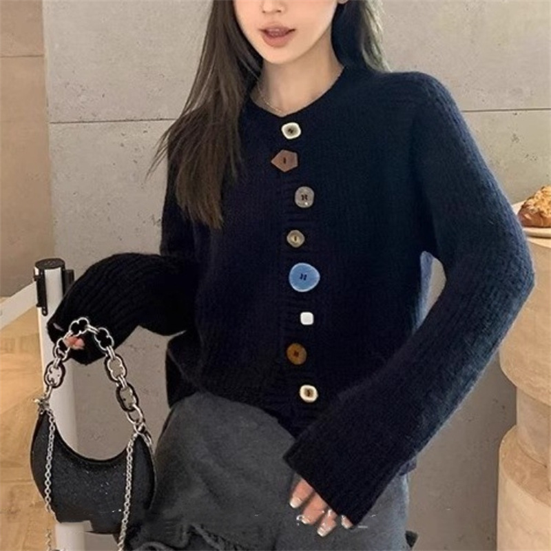 韩系小众设计彩扣宽松毛衣开衫2025秋季新款慵懒风针织上衣女外套|undefined