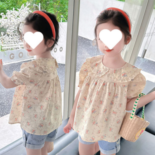[8299 People Collected] Girls Short-Sleeved Shirt Summer Wear 2025 New Korean Style Kidsren's Pure Cotton Tops for Middle and Large Kidsren