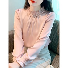 立领雪纺衫女长袖2025春秋新款上衣内搭法式衬衫别致木耳领打底衫