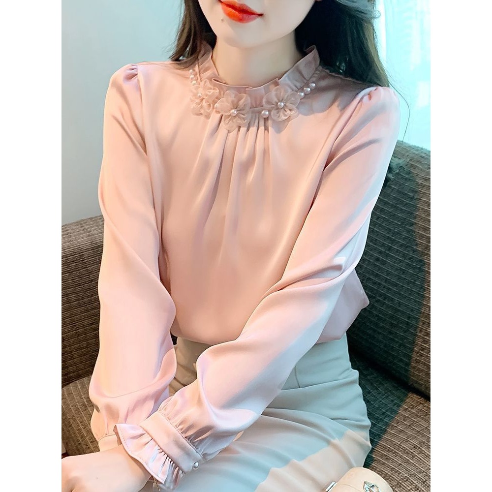 立领雪纺衫女长袖2025春秋新款上衣内搭法式衬衫别致木耳领打底衫