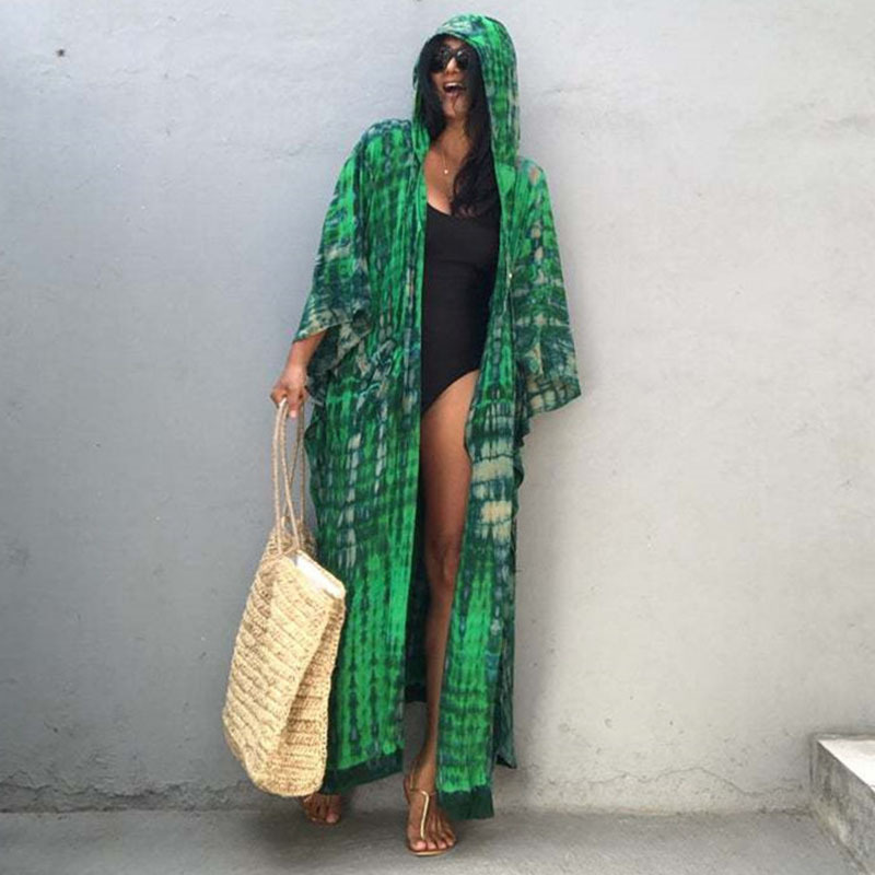 Rayon Water Print Bikini Cover up Loose Dress Sexy Cardigan Beach Sun Protection Shirt European American Style Women's Clothing Swimwear_ecoleips.com