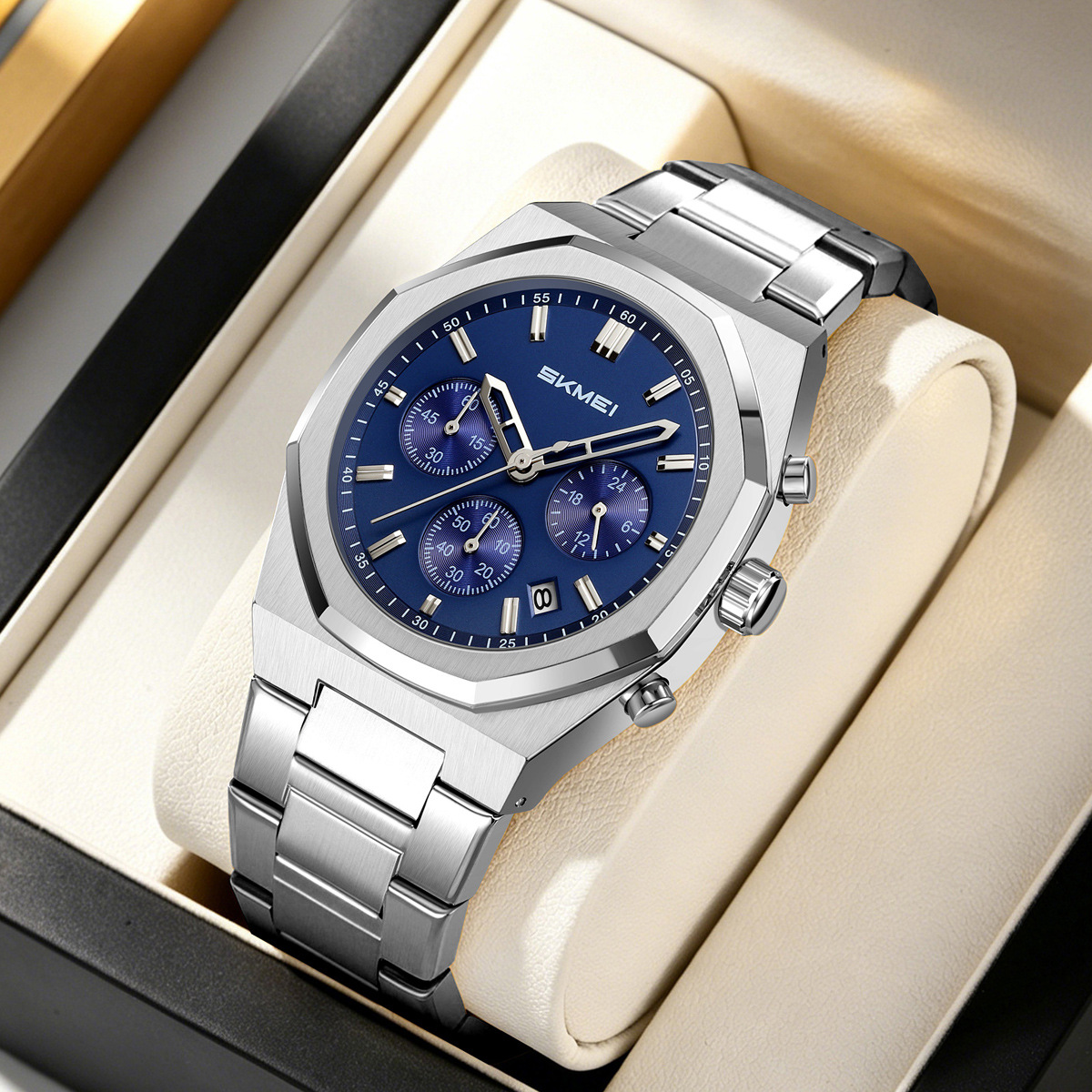Momento de acero de octogón cronógrafo de cuarzo hombre impermeable relojes de negocios regalos personalizados mayoristas transfronterizos