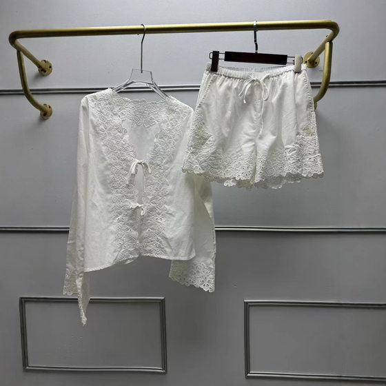 French Niche 25 Years Spring and Summer New Vintage Hollow Embroidered V-Neck Cotton Linen Long Sleeve Shirt Drawstring Embroidered Shorts