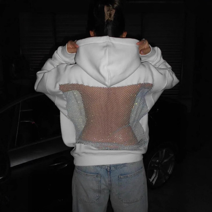 European and American Cross-Border 2025 Autumn and Winter New Women's Clothing Amazon Fashion Pure Color Backless Cut Out Mesh Hoodie Sweatshirt European and American Cross-Border 2025 Autumn and Winter New Women's Clothing Amazon Fashion Pure Color Backless Cut Out Mesh Hoodie Sweatshirt