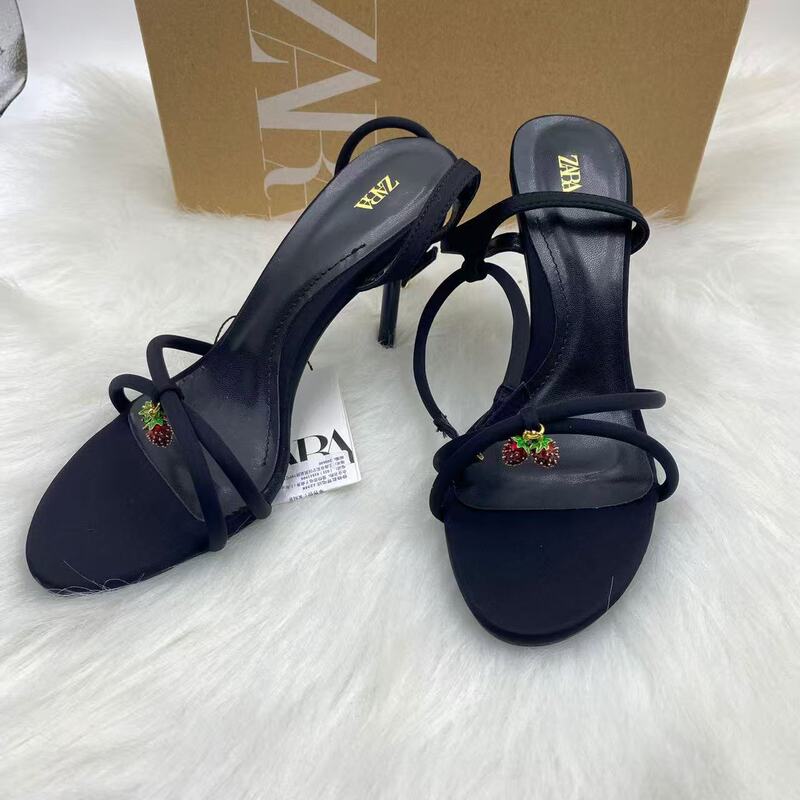 Za Women's Shoes 2025 Summer New Black Strap Rhinestone Cherry Pendant High Heel Outer Breathable Casual Sandals