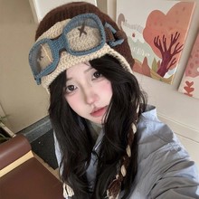 檀健次同款飞行员针织帽子女搞怪保暖护耳毛线帽可爱显脸小雷锋帽