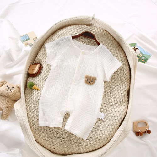 Newborn gauze short-sleeved shorts crawler suit single-breasted pure cotton boneless summer robe for men and women baby beige bear