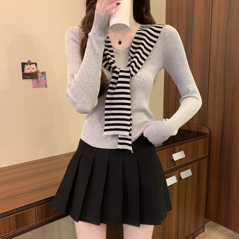 韩系海军领披肩针织打底衫女秋季设计感小众chic别致内搭短款上衣|undefined