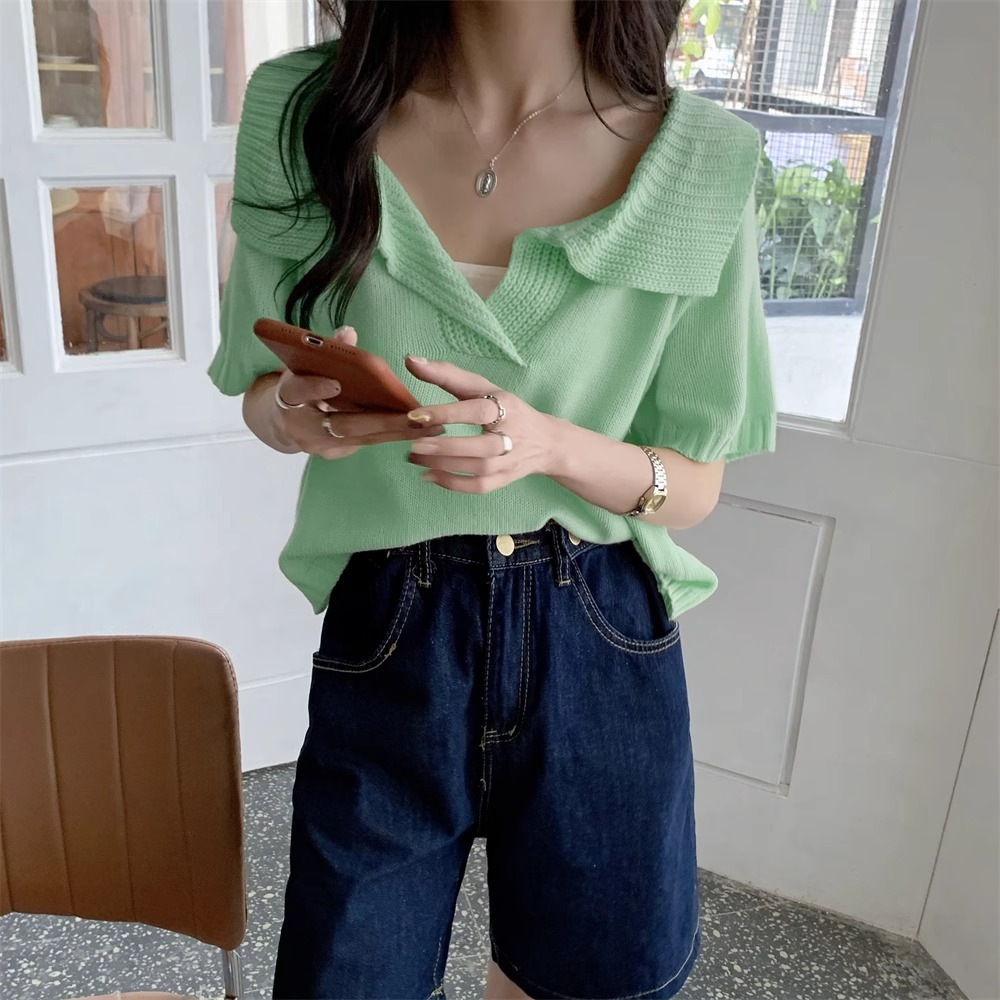 Design di nicchia unico e unico, sottile maglia in seta ghiacciata, top estivo da donna a maniche corte con scollo a V e piccola fragranza,_voghion.com