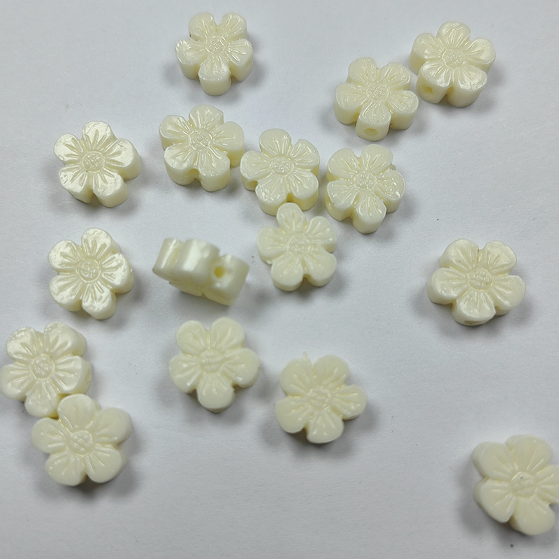 珊瑚貝殼粉壓花 10mm仿米白色橫孔五瓣花DIY配件手鍊飾手繩材料