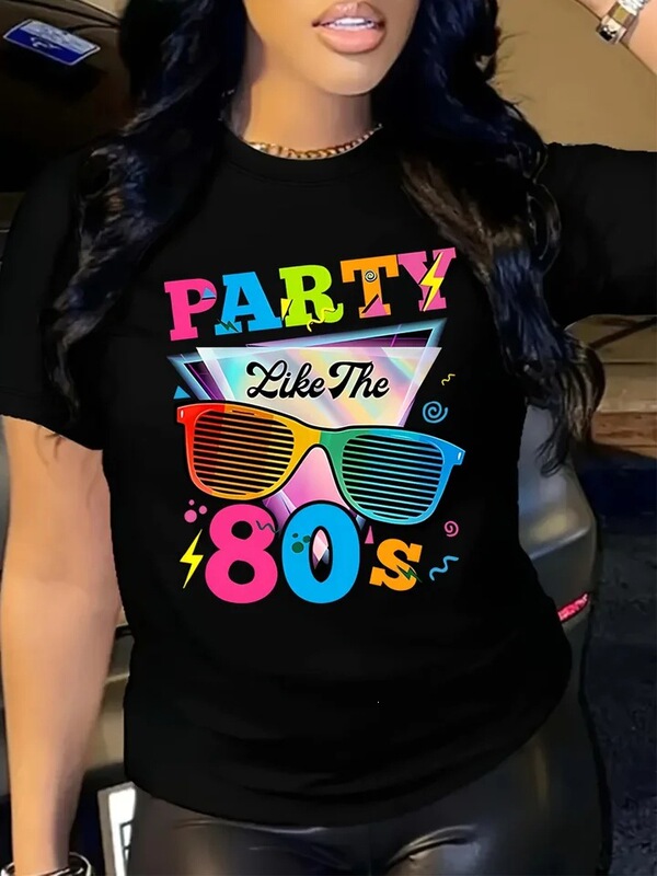 Party-favorite 80s women's t-shirt - retro graphic casual black top Party-favorite 80s women's t-shirt - retro graphic casual black top
