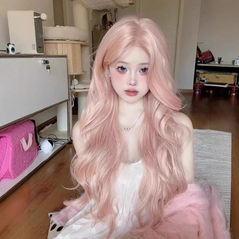 Summer New Fog-feeling Pink Gold Lolita Bang Lace Full Head Cover Internet Celebrator Explosive Simulation Long Curly Hair