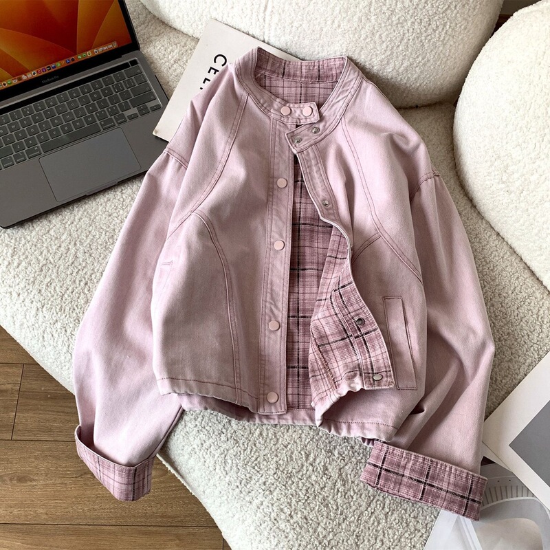 Big Brand Clearance Short Jacket Baseball Jacket Vintage Women's Coat Denim Plaid Spring 2026 for Petite Women with Cuffed Sleeves Big Brand Clearance Short Jacket Baseball Jacket Vintage Women's Coat Denim Plaid Spring 2026 for Petite Women with Cuffed Sleeves
