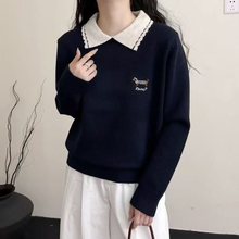 领撞色针织长袖上衣女秋冬新时尚学院风宽松毛衣重工刺绣