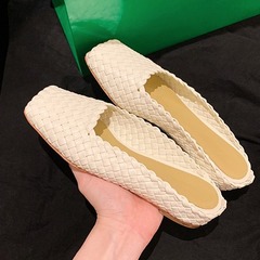 秒發！葡萄媽同款鞋牛皮手工編織後空魚嘴涼拖平底拖鞋女外穿