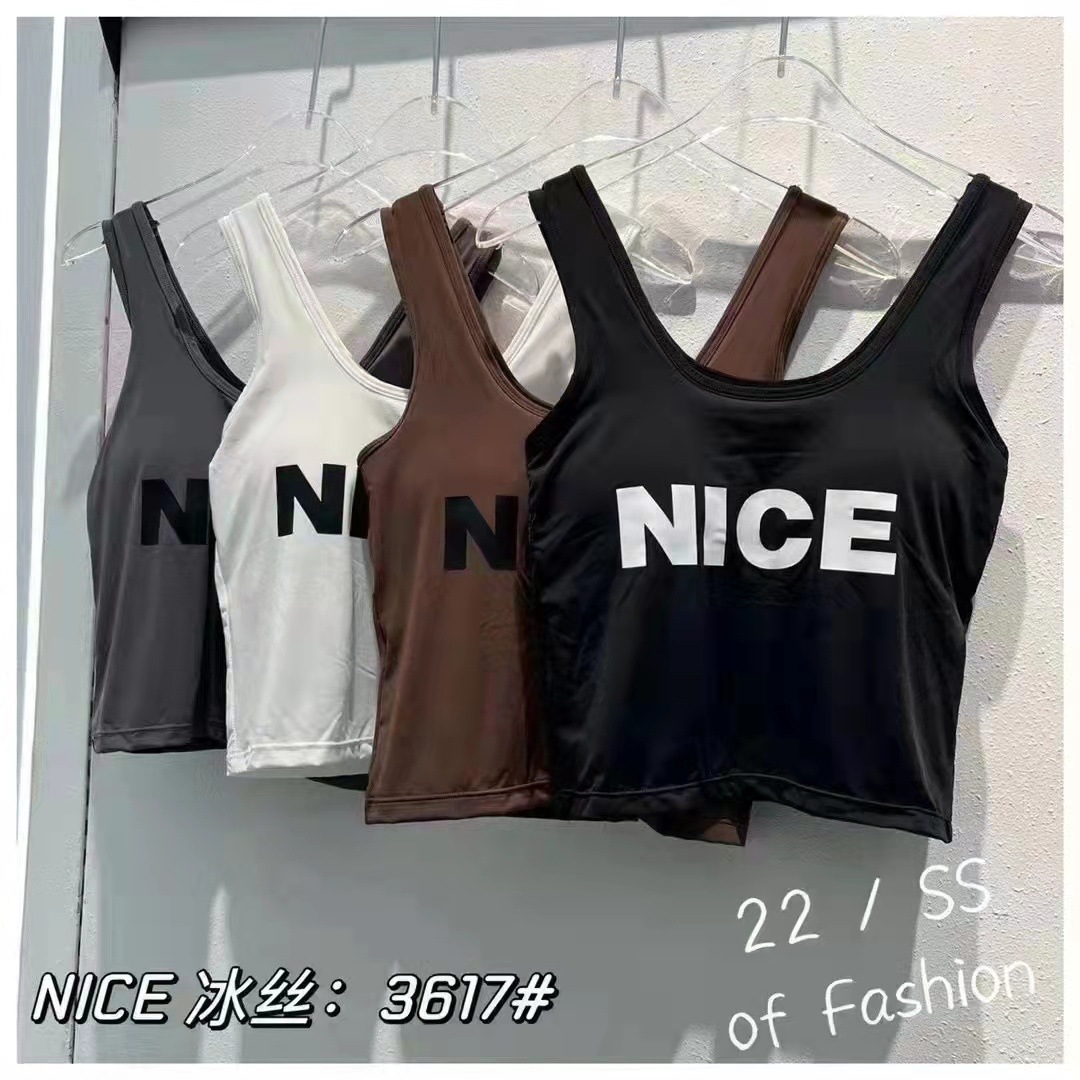 夏季新款U领时尚字母印花休闲冰丝修身短款内搭背心女抹胸上衣女