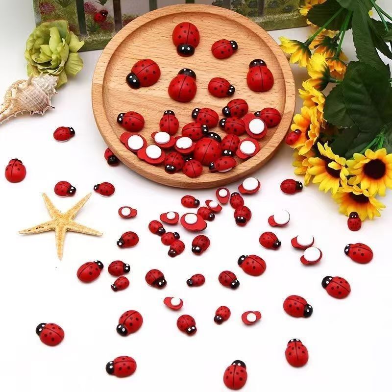 Ladybug Micro-Landscape Beetle Double-Sided Sponge Adhesive Wooden Crafts DIY Accessories Wooden Beetle Decoration