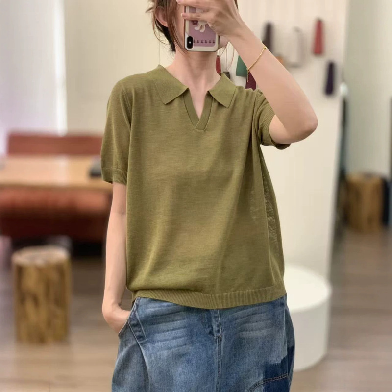 2026 Spring/Summer New Polo Collar High-End Simple Elegant Casual Loose Pullover Short-Sleeve Thin Knit Sweater for Women 2026 Spring/Summer New Polo Collar High-End Simple Elegant Casual Loose Pullover Short-Sleeve Thin Knit Sweater for Women