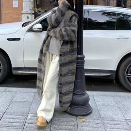 韩版宽松慵懒风长款针织大衣外套女2024秋冬时尚撞色条纹毛衣外套