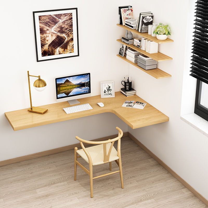 Solid Wood Floating Straight-Edge Corner Desk and Bookshelf Combination Wall-Mounted Computer Desk Floating Narrow L-Shaped Desk
