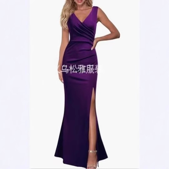 2024 Cross-Border Women's Sleeveless V Neck Slit Evening Dress Cocktail Party Dress 2024 Cross-Border Women's Sleeveless V Neck Slit Evening Dress Cocktail Party Dress