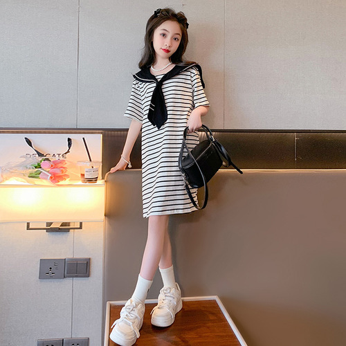 Girls' skirts, summer style, girls' navy style, big children's college style dresses, children's striped short-sleeved T-shirts, loose