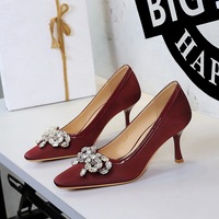 322-H19 European and American style sexy fashion banquet rhinestone bow small square toe shallow mouth slim heel high heels women's shoes