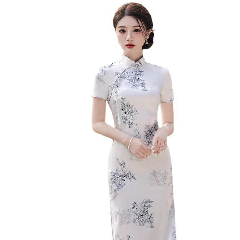 仟金公主 Retro elegante легкий чонсам, китайский стиль, с коротким рукавом