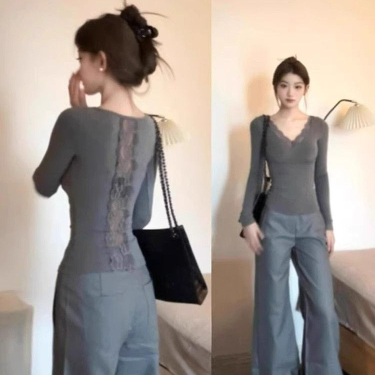 純欲ギャルグレーのバックレースvネック長袖tシャツ女性春秋冬インナーシャツ独特のシックな上着|undefined