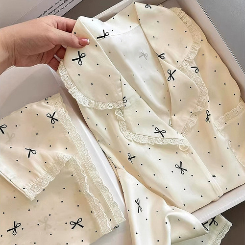 French light luxury high face value ins bow knot dot gold style ice silk lace long sleeve pants pajamas wholesale