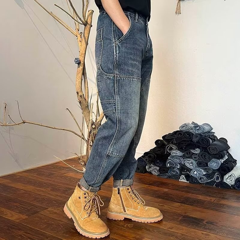 2024 primavera y otoño pantalones rectos estilo vibe de calle alta americana jeans lavados retro hiphop para hombres guapos europeos y americanos