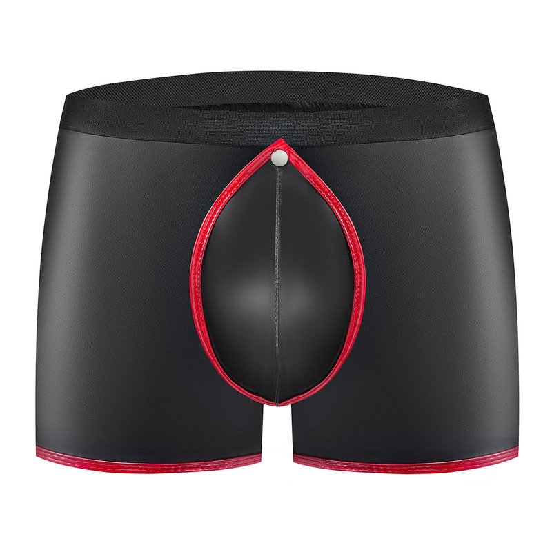 Cross-Border European and American Men's Soft Leather Matte Shorts with Sexy Snap-Button Crotch Design and Wide Elastic Waistband Boxer Briefs