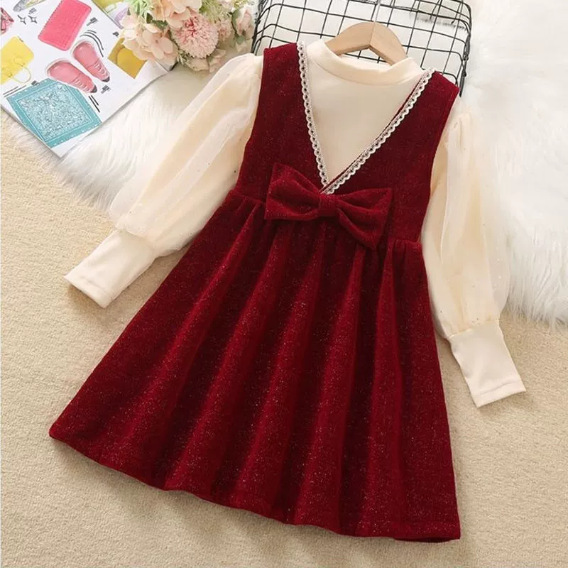 Новогоднее платье платье для девочек осень-зима утолщение детский набор 2024 новый стиль девочка девочка принцессы юбка юбка