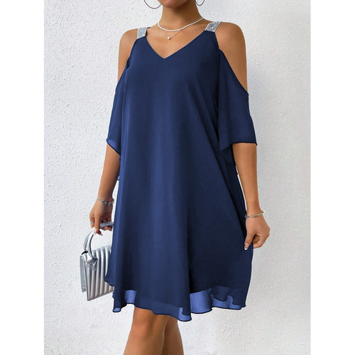 1688 Summer Women's Off-the-Shoulder Chiffon Solid Color V-Neck Elegant European and American Dress