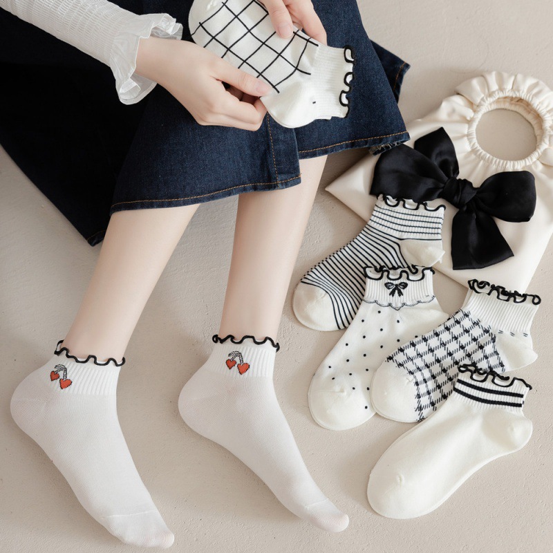 Plaid Striped Polar Ear Boat Socks Thin Cute Student Jk Lace Socks Women's Summer Short Tube Breathable Socks
