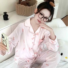 蝶結びキティ猫柄パジャマ レディース 春秋 長袖 長ズボン インス風 ホームウェア 上下セット 外出着 インス風コーデ